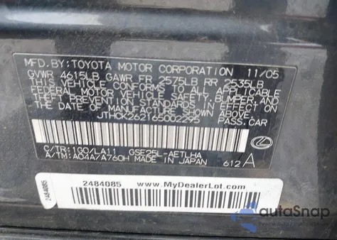 2006 Lexus Is 250 z USA, uszkodzony, nr VIN JTHCK262165002295